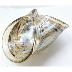 Vintage Folded Hand Blown Art Glass Centerpiece Bowl Murano Style Tan Black Grey