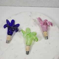 Vtg Murano 3pcs Crystal Flower Cork Stopper Pink Blue Green Hand Blown Art Glass