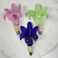 Vtg Murano 3pcs Crystal Flower Cork Stopper Pink Blue Green Hand Blown Art Glass