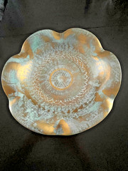 VTG STANGL POTTERY 10″ RUFFLED DISH ANTIQUE GOLD OVER TURQUOISE BLUE BASE #4062