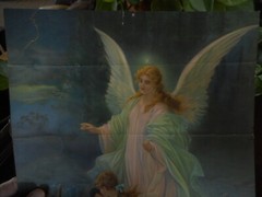Antique Print Religion Angel watching Children on Bridge 16″ x 12″ old unframed