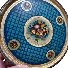 Vintage Blue Ameryl Candy Tin Gold Floral Marinello New York Chicago round