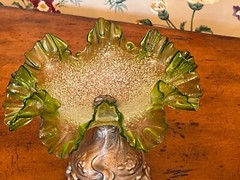 RARE Antique 1860 Craquelle Overshot Art Nouveau Green Bowl On Metal Base