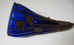 Rare Beautiful Cornucopia Cobalt Blue Glass with Metal Copper/Brass Stand 11″x6″