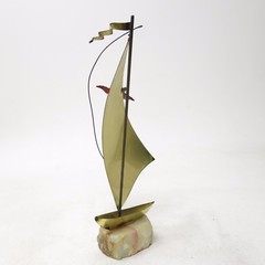 Vtg Mid Century Brass Sailboat Sculpture w/ Bird DeMott Onyx Base Signed