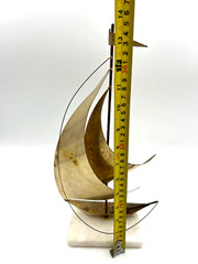 Vintage DeMott MCM Brass Sailboat on White Stone 14″ Tall Nautical Maritime