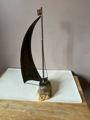 Vintage Signed John DeMott 15” Brass Sailboat Sculpture on Quartz/Onyx Base