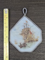 Antique 1910 Reverse-Paint Glass Galleon Ship Scene Edwardian Wall Decor Plaque