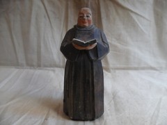 Vintage Swiss Black Forest Hand Carved Wood Monk Reading with Wire Glasses 5″
