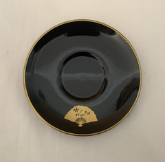 Black Gold Plastic Lacquerware Japan Demitasse 4 Coffee Cups & Saucers 3 Spoons