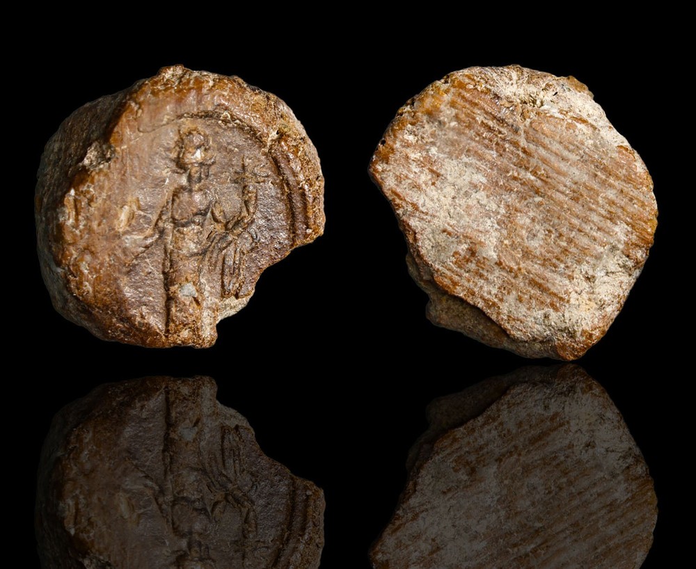 Certified Artifact Hellenistic Terracotta Tessera with Tyche-Fortuna 300BC