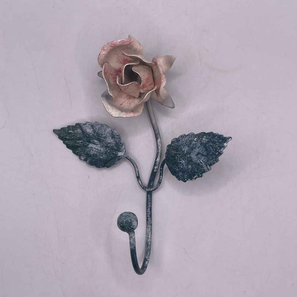 VTG 1980s Italian Tole Rose Wall Hook Made in Italy Painted Metal Floral Hook