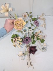 Gorgeous Large Italian Tole Painted Metal Flowers Roses Wall Sconce 3 Candle