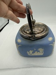 Rare Wedgwood Blue Jasperware Biscuit Barrel Square Metal Lid England 5 3/4” Sq