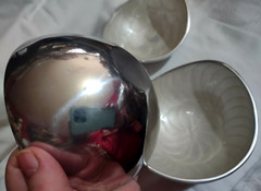 3 VTG Silver Tone Metal Small Serving Bowls White Iridescent Lining Modernist