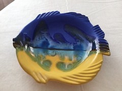 Ceramic Stoneware Pottery Fish Plate Candy Nut Dish Bowl Blue Drip Glaze Greece
