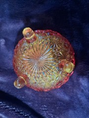 Vtg LE Smith Amberina Cadmium Glow 3″ Footed Daisy & Button Cauldron Dish Bowl