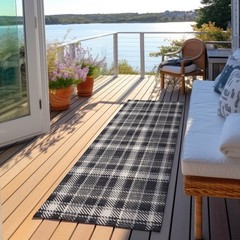 8′ Runner Black Gray and White Plaid Washable Non Skid Indoor Outdoor Rug