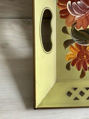VTG Toleware Nashco Metal Rectangle Green Hand Paint Floral Tray Handles 22” L
