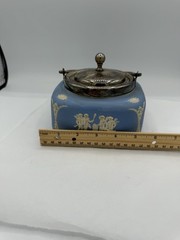 Rare Wedgwood Blue Jasperware Biscuit Barrel Square Metal Lid England 5 3/4” Sq