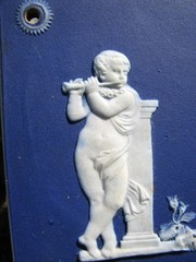 WEDGWOOD LIKE RARE DARK BLUE DIP PLAQUE OF CUPIDS & BOY TAMBORINE, GIRL TRIANGLE