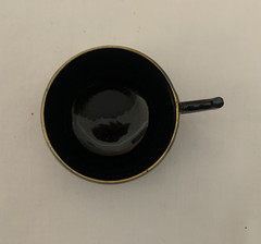 Black Gold Plastic Lacquerware Japan Demitasse 4 Coffee Cups & Saucers 3 Spoons