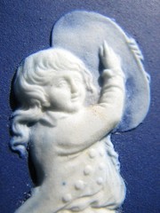 WEDGWOOD LIKE RARE DARK BLUE DIP PLAQUE OF CUPIDS & BOY TAMBORINE, GIRL TRIANGLE