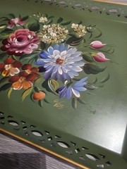 Large Vintage Hand Painted Toleware Tray Black Reticulated Floral Signed 50s 60s