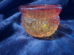Vtg LE Smith Amberina Cadmium Glow 3″ Footed Daisy & Button Cauldron Dish Bowl
