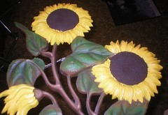 BURWOOD SUNFLOWERS PLAQUE REPAINTED FLOWER HEADS VINTAGE 29″ X 17″ SOLD AS IS