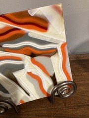 Hand Made Fused Art Glass Trinket Dish Plate Orange Gray Cream Swirl Curved