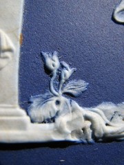 WEDGWOOD LIKE RARE DARK BLUE DIP PLAQUE OF CUPIDS & BOY TAMBORINE, GIRL TRIANGLE