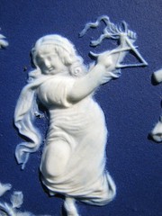 WEDGWOOD LIKE RARE DARK BLUE DIP PLAQUE OF CUPIDS & BOY TAMBORINE, GIRL TRIANGLE