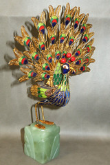 VINTAGE Cloisonne Enamel Peacock Gold Filigree Sculpture Carved Green Stone Base