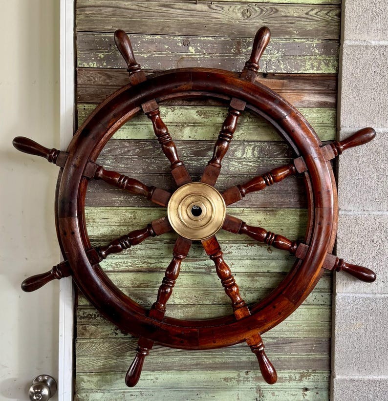 36 “Inch Large Antique Style Wooden Ship Wheel Nautical Wall Decor, Maritime Art