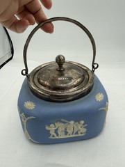 Rare Wedgwood Blue Jasperware Biscuit Barrel Square Metal Lid England 5 3/4” Sq