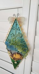 VTG 1990’s Hand-Painted Cat Wall Pocket, Tin w/Metal Mesh & Dragonfly Accents