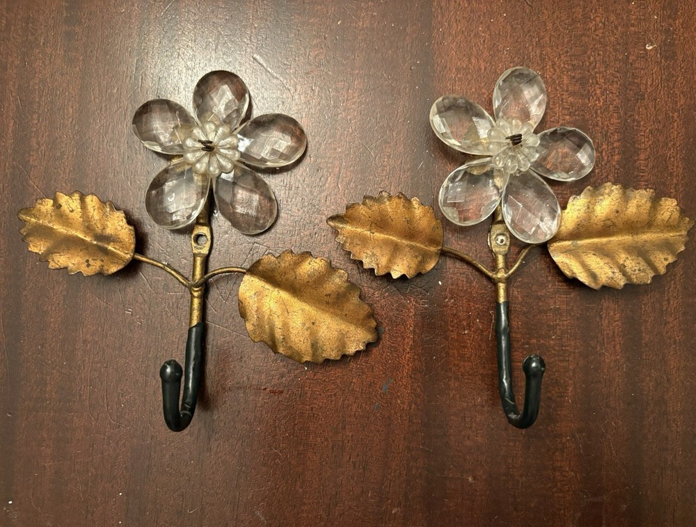Vintage Metal Toleware Made In Italy Glass Crystal Petals Flowers Wall Hooks