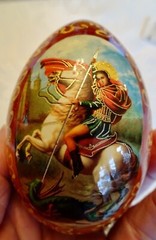 Decorated Wooden Egg featuring St George and the Dragon, new, origin unknown