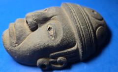 PRE COLUMBIAN AZTEC STONE DIGNATARY PENDANT MASK W BONE INCRUSTATIONS