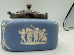 Rare Wedgwood Blue Jasperware Biscuit Barrel Square Metal Lid England 5 3/4” Sq