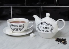 Alchemy Gothic Freaks Like Me Drink Tea For One Set Teapot Mug White Black Witch