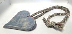 Cottagecore Blue Pink Wood Hearts Rabbit Hang Decor Braided Fabric Vtg Necklace