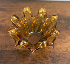 Vintage MCM Amber Hand Blown Art Glass Freeform Bowl 8 Prunts Czech Style 5″