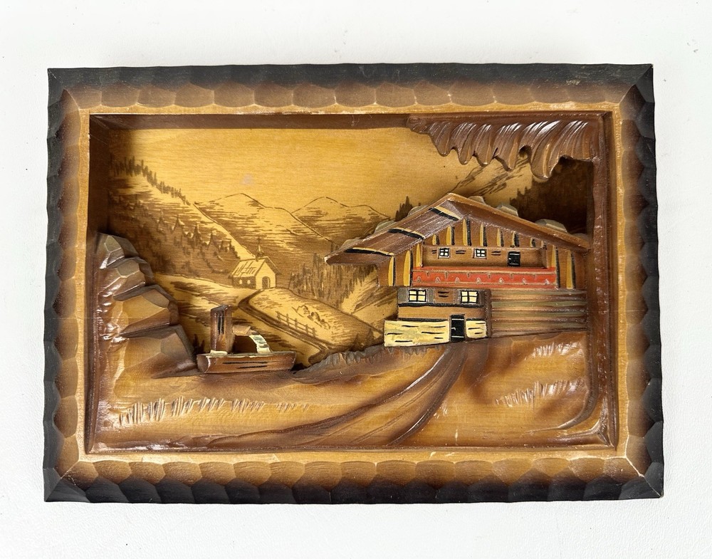 Vintage Hand Carved & Stained Wooden Relief Picture Germany Black Forest