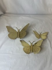 Home Interiors Butterfly Gold Tone Metal Tin 3D Wall Decor Set Of 3 MCM Boho Vtg
