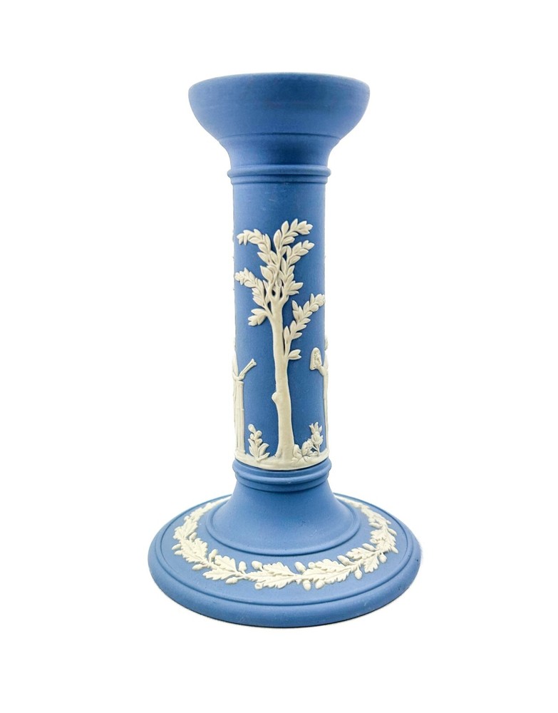 Vintage Wedgwood Blue & White Jasperware Candlestick Neoclassical Style England