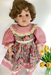 Vintage 28″ Porcelain Toddler Doll Brown Hair Eyes Pink Dress Floral Pinafore