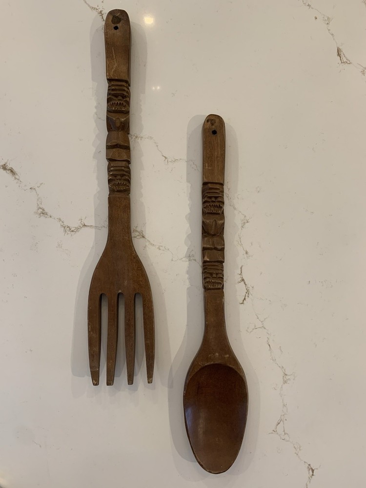 Vintage 22” Carved Wooden BIG Fork And Spoon Set Wall Decor Folk Art 1990’s