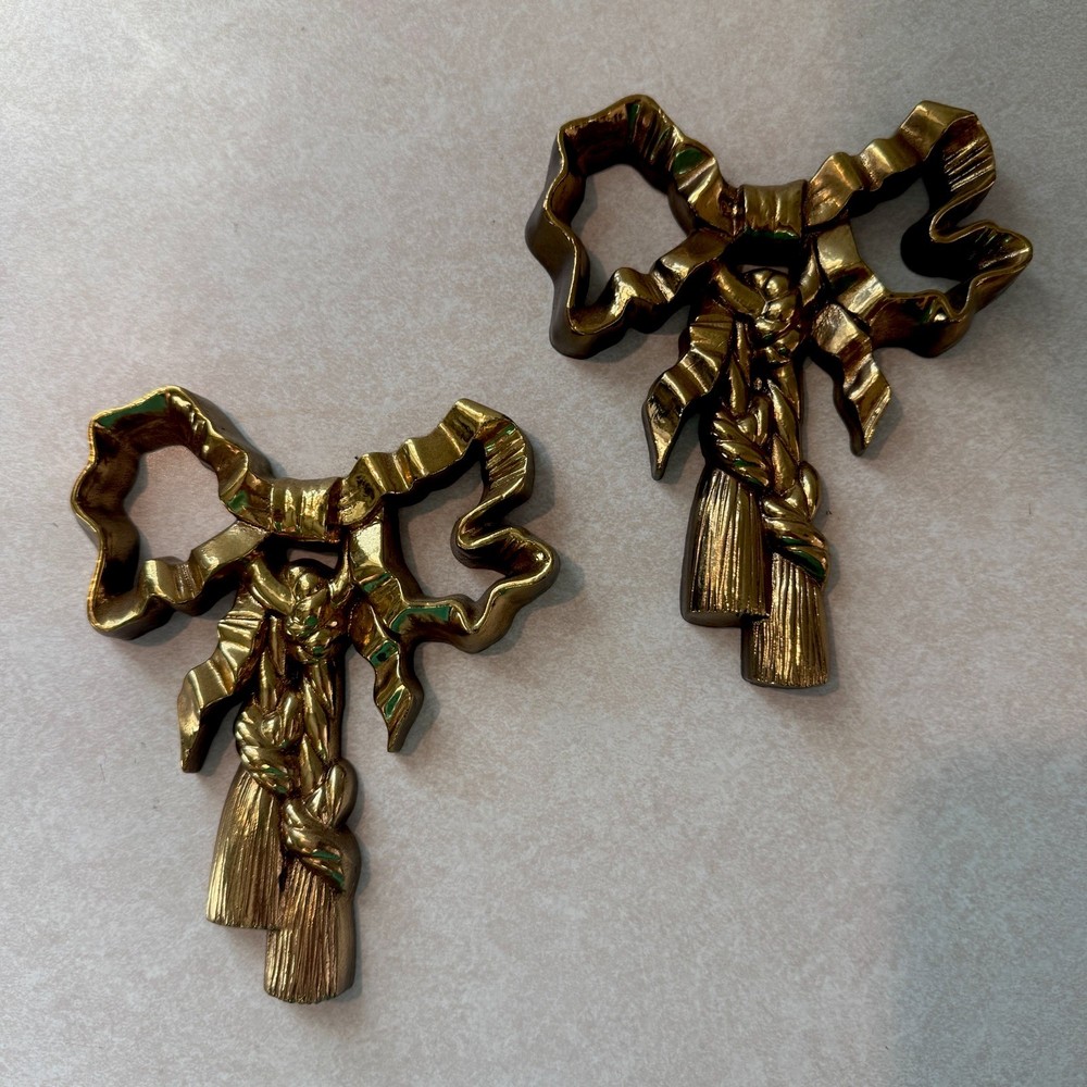Vintage Burwood Bow Wall Decor Pair Gold Tone Cottage Core 1988 Made in USA